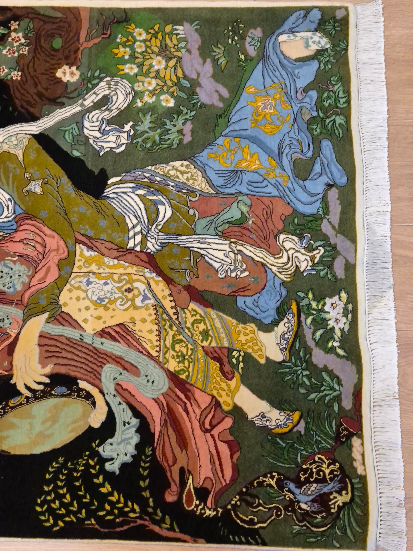 Täbriz Teppich Korkwolle mit Seide figürliche Darstellung