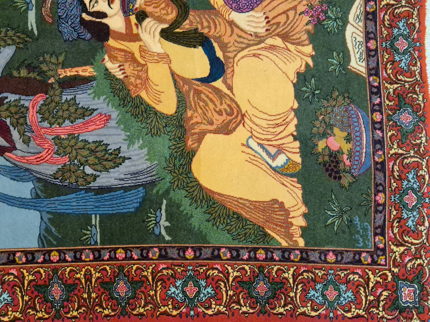 Täbriz Teppich Korkwolle figürliche Szene signiert 127×104 cm