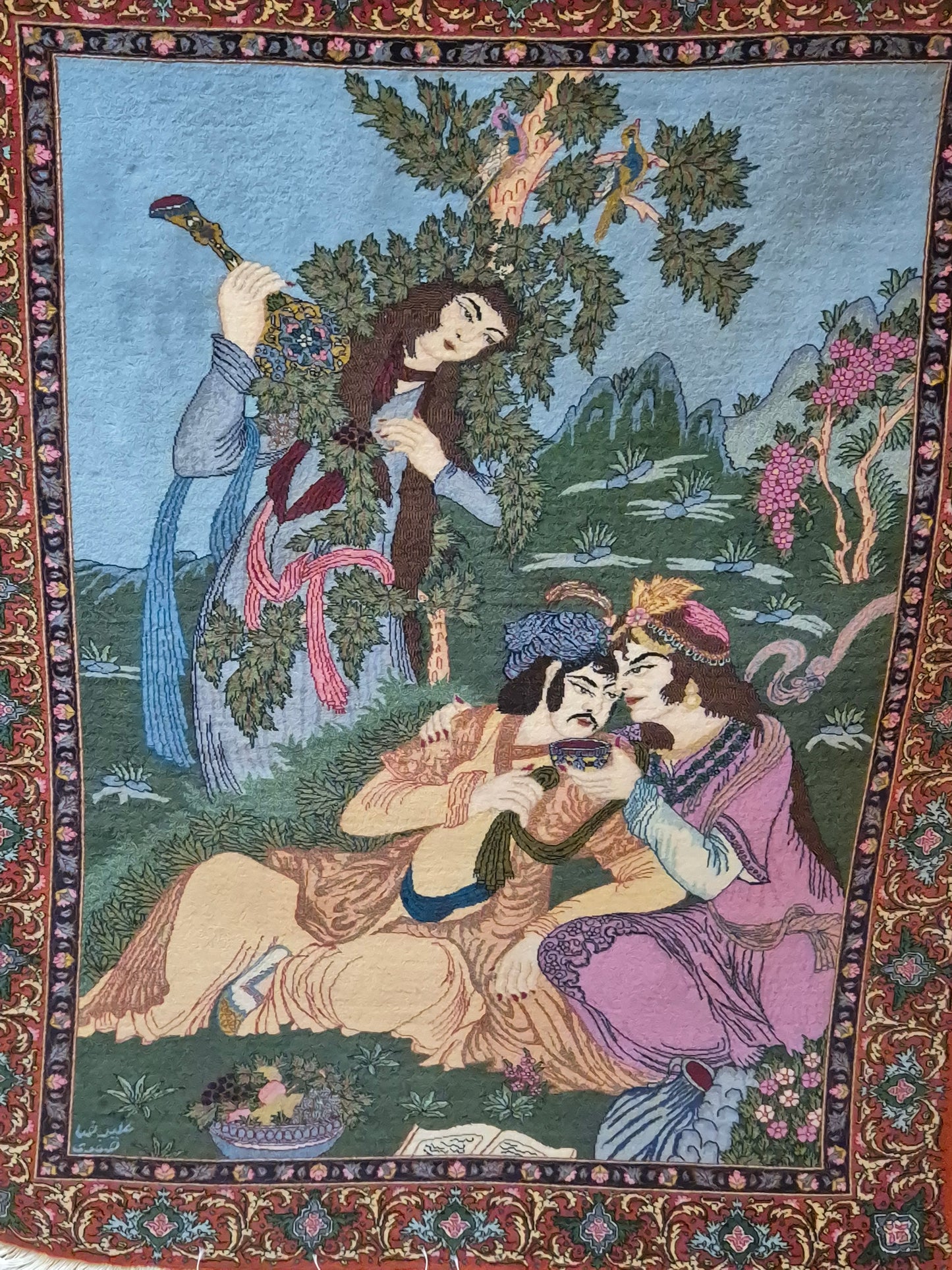 Täbriz Teppich Korkwolle figürliche Szene signiert 127×104 cm