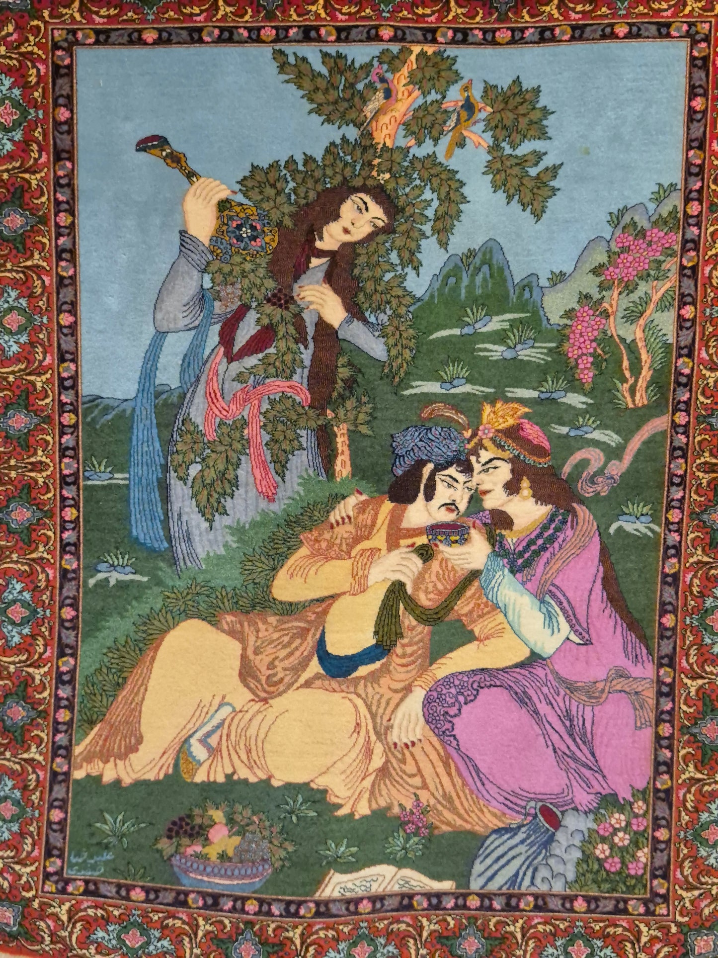 Täbriz Teppich Korkwolle figürliche Szene signiert 127×104 cm