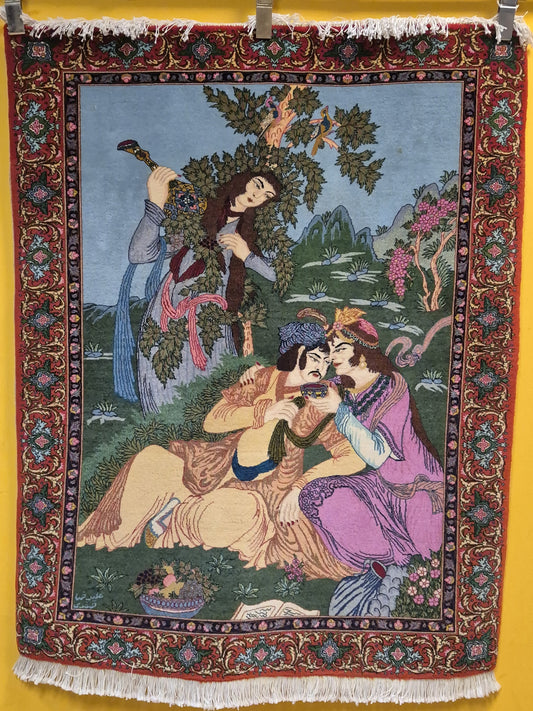 Täbriz Teppich Korkwolle figürliche Szene signiert 127×104 cm