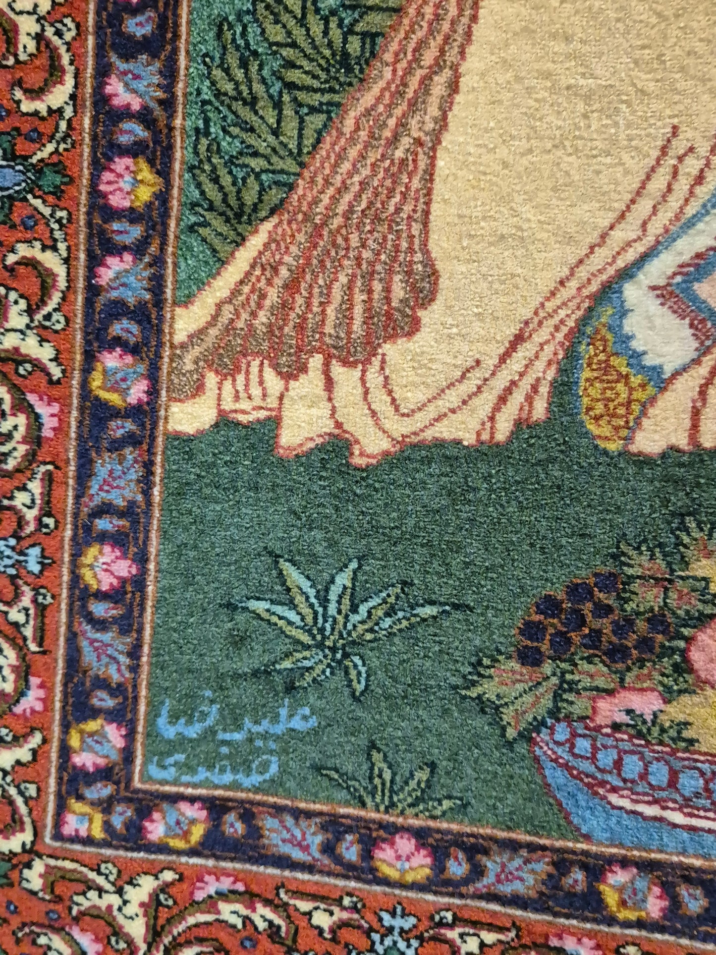 Täbriz Teppich Korkwolle figürliche Szene signiert 127×104 cm