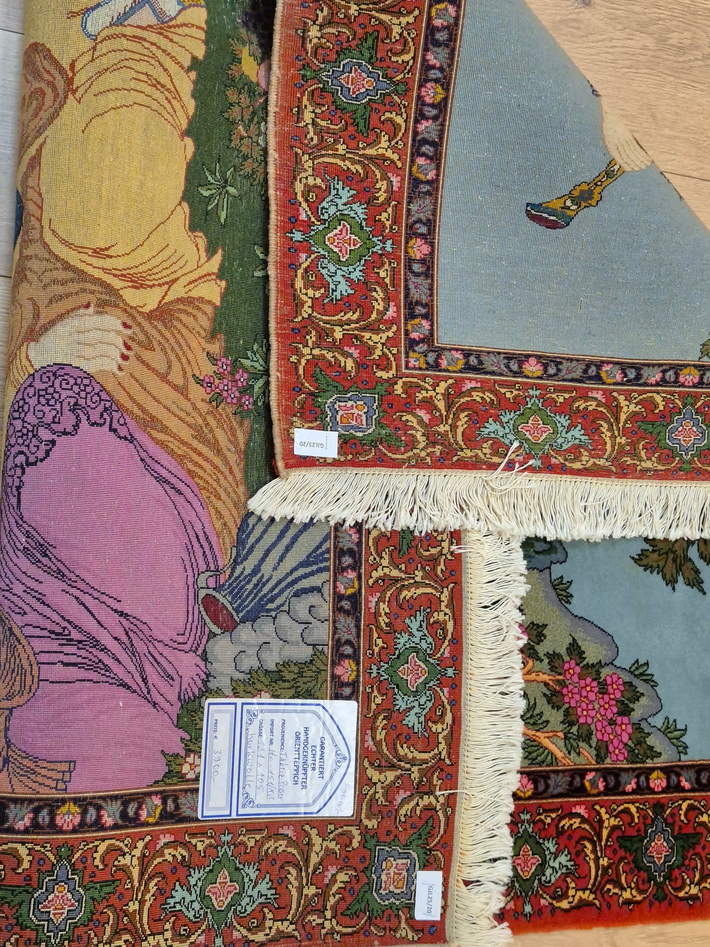 Täbriz Teppich Korkwolle figürliche Szene signiert 127×104 cm