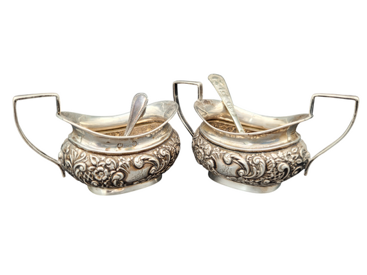 Set 2 Milchkännchen Sterling Silber 925 mit Löffeln britische Meistermarke