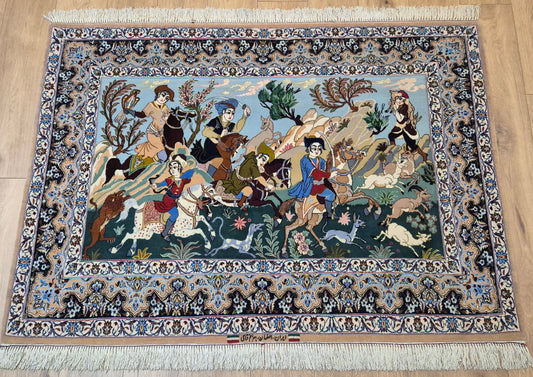 Isfahan Teppich Korkwolle mit Seide figürlich fein signiert