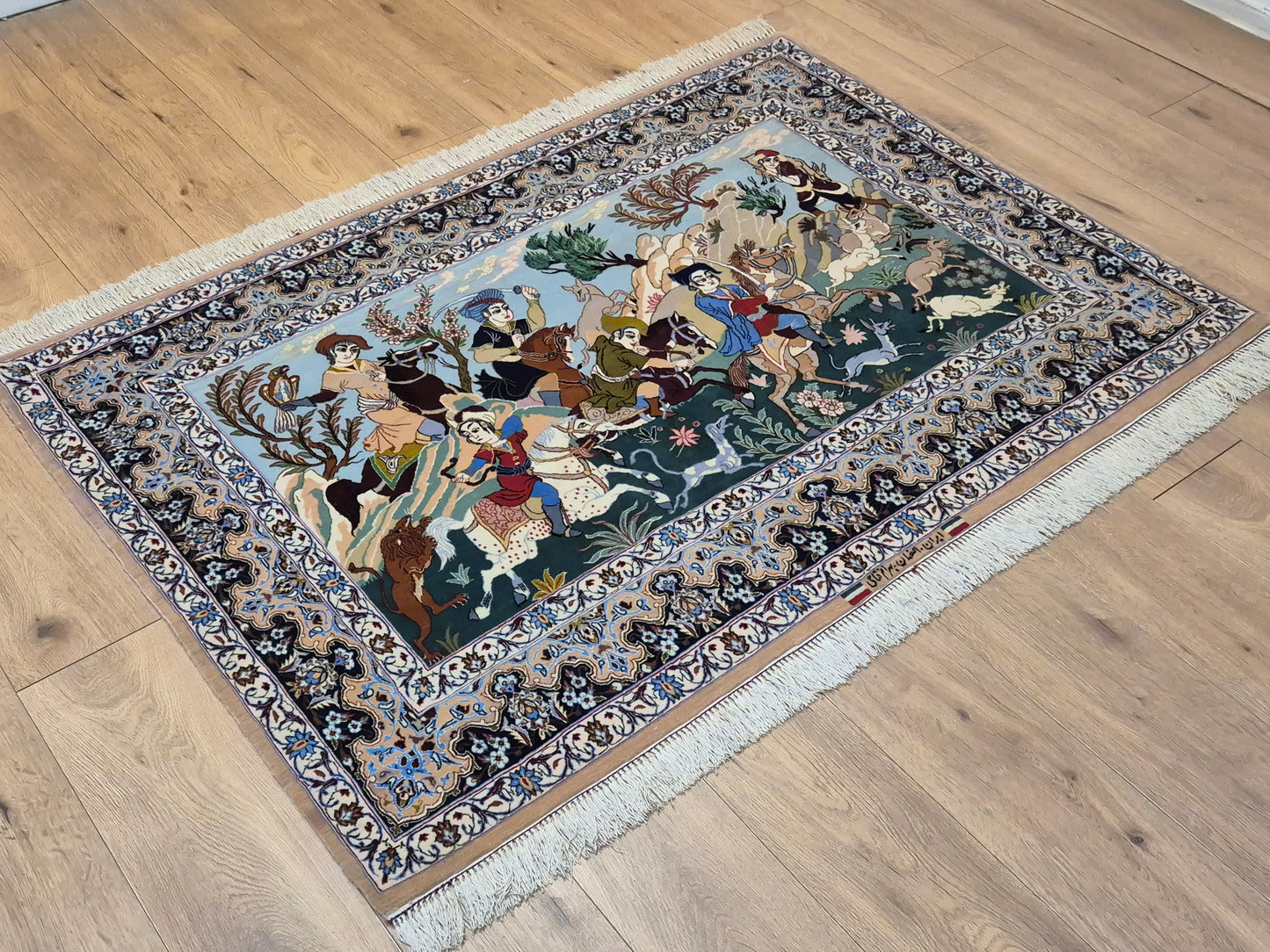 Isfahan Teppich Korkwolle mit Seide figürlich fein signiert