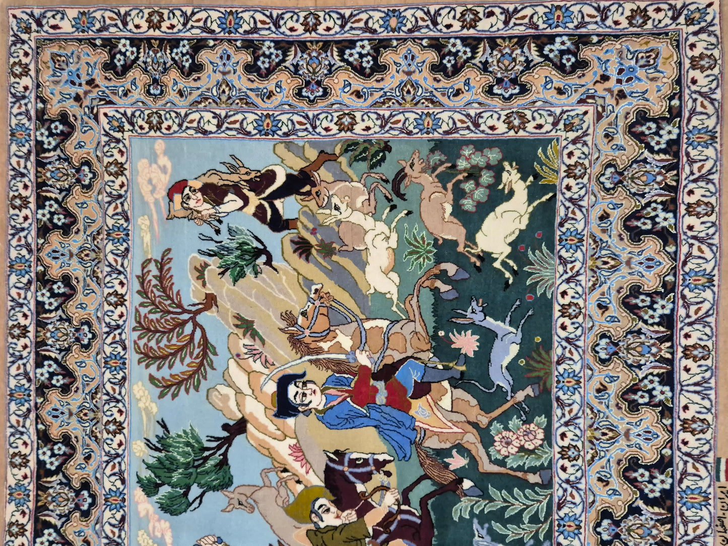 Isfahan Teppich Korkwolle mit Seide figürlich fein signiert