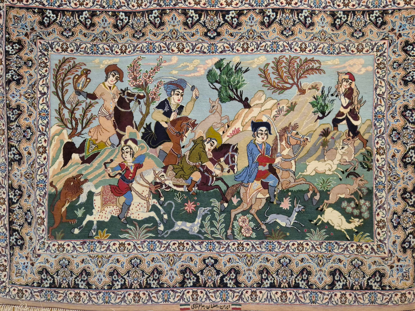 Isfahan Teppich Korkwolle mit Seide figürlich fein signiert