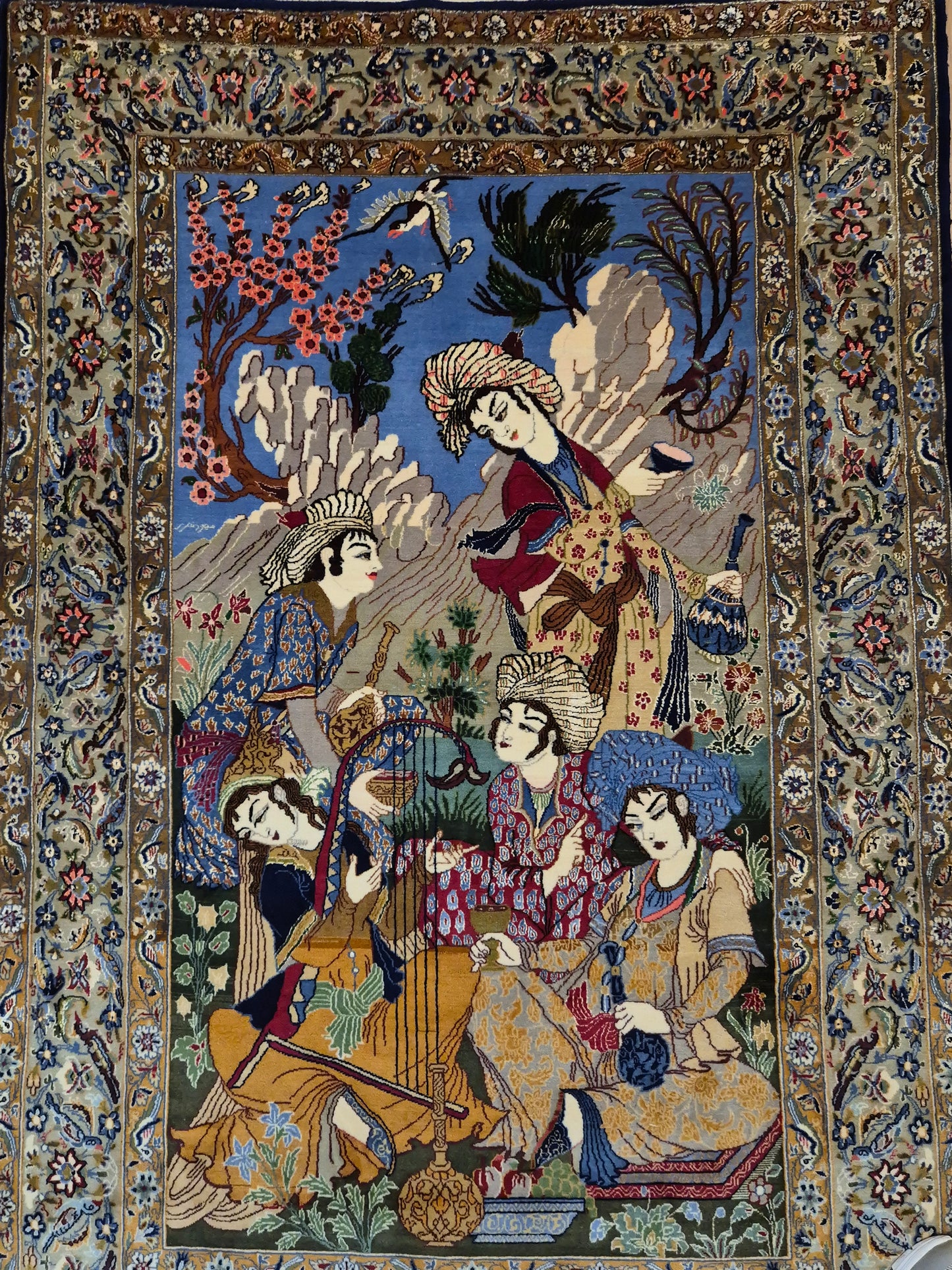 Isfahan Teppich Korkwolle mit Seide figürlich fein signiert