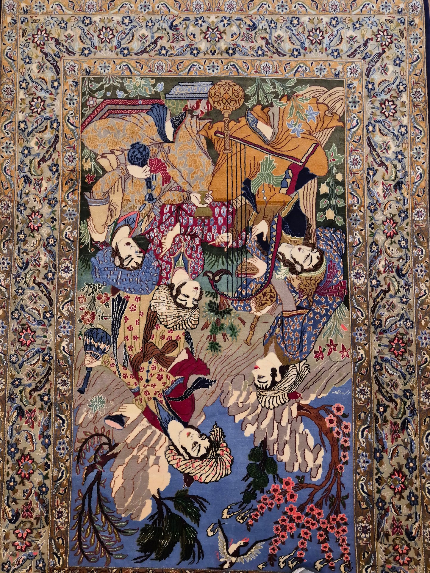 Isfahan Teppich Korkwolle mit Seide figürlich fein signiert