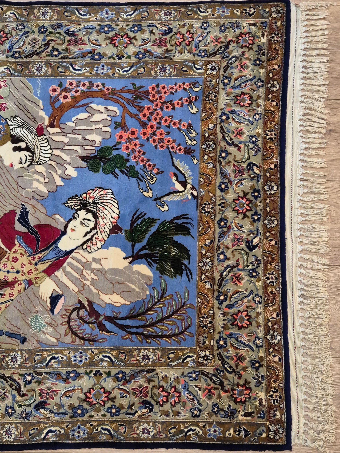 Isfahan Teppich Korkwolle mit Seide figürlich fein signiert