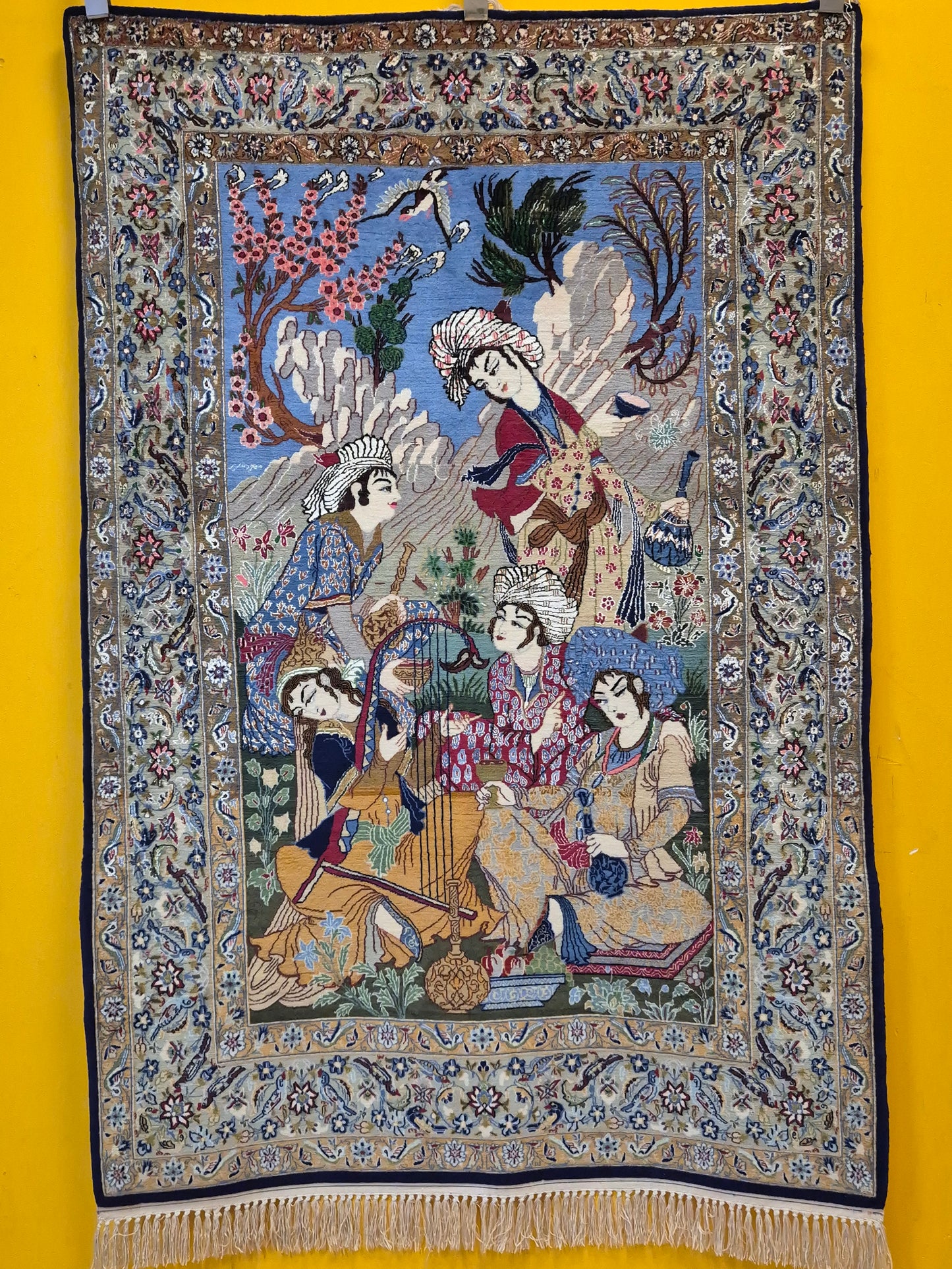 Isfahan Teppich Korkwolle mit Seide figürlich fein signiert