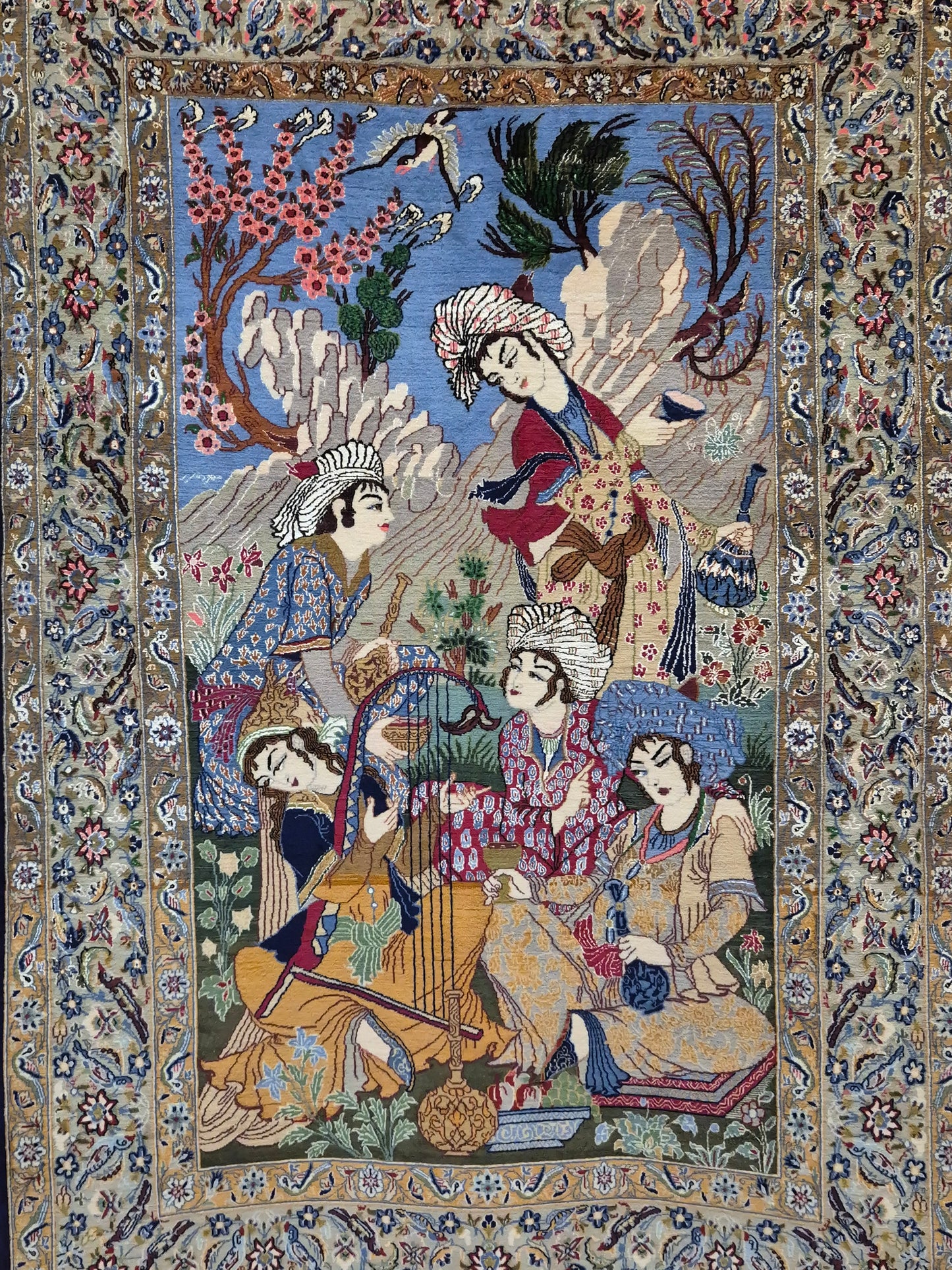 Isfahan Teppich Korkwolle mit Seide figürlich fein signiert