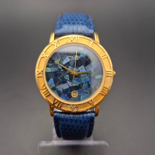 CMI Damen Uhr – Blaues Mosaik Zifferblatt mit Goldgehäuse