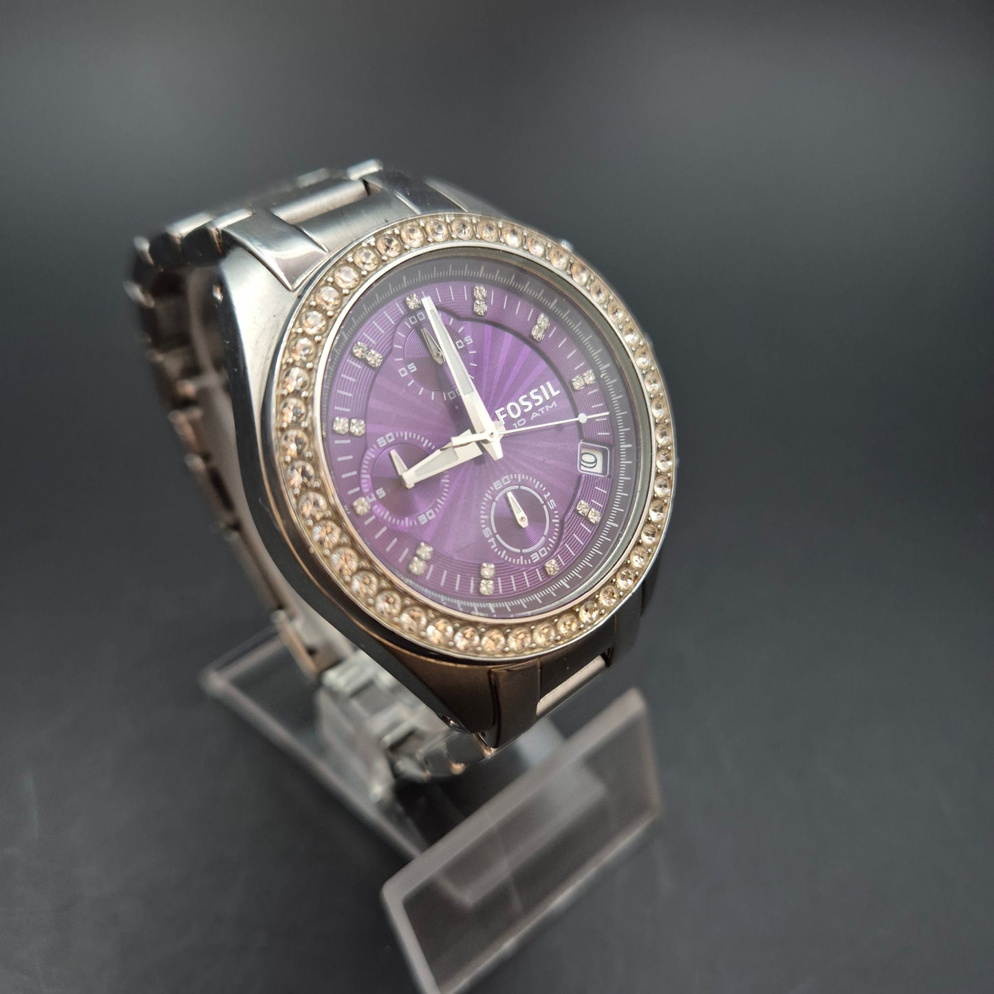 Fossil Damen Uhr – Quarz Chronograph, Lila mit Strass-Besatz