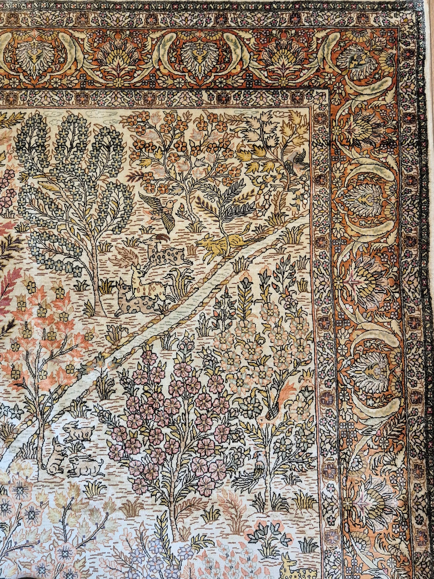 Hereke Seidenteppich Seide auf Seide Jagdszene fein