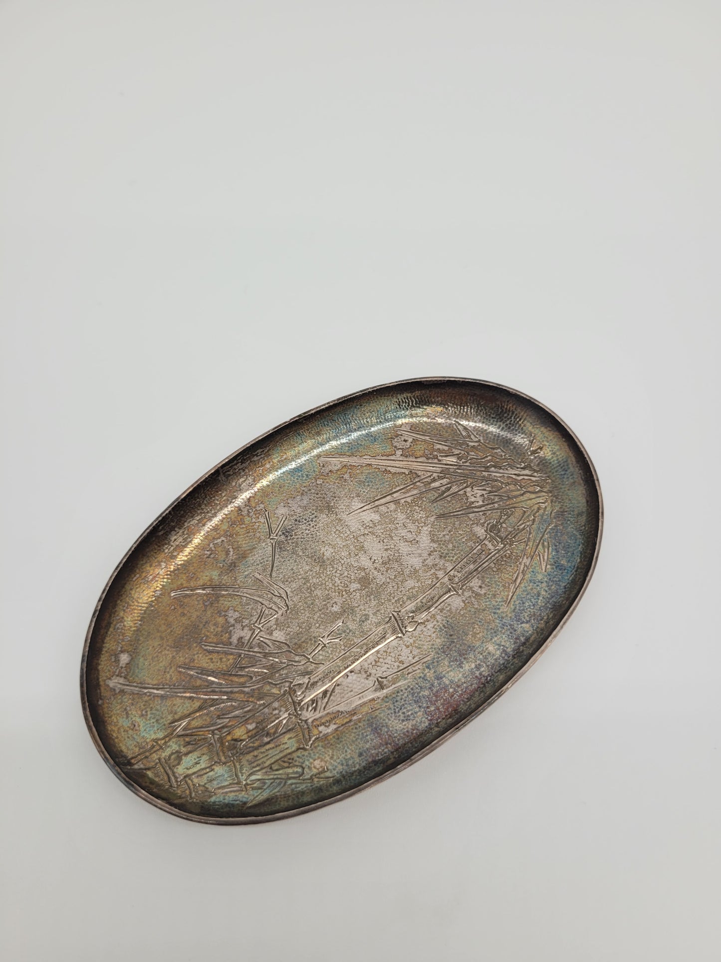 Versilberte Schale Platte mit Bambus Motiv Asiatika Dekorativ