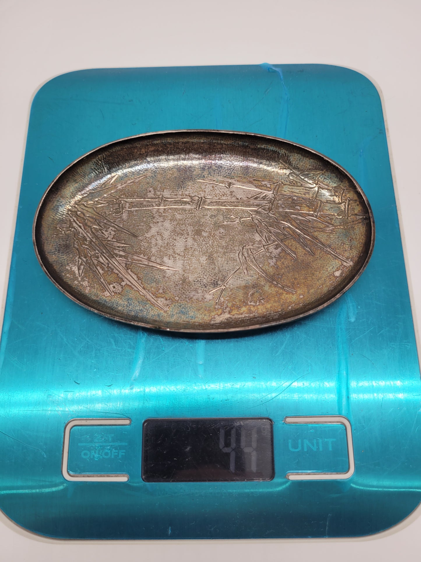 Versilberte Schale Platte mit Bambus Motiv Asiatika Dekorativ