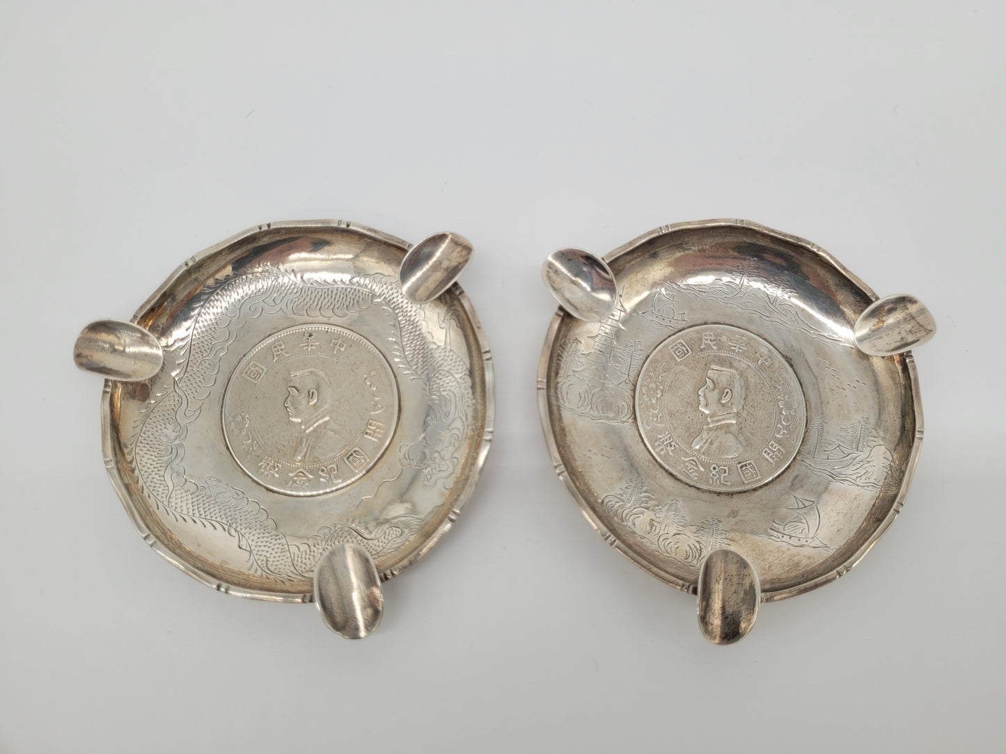 Chinesische Aschenbecher Sterling Silber 925er Drachenmotiv