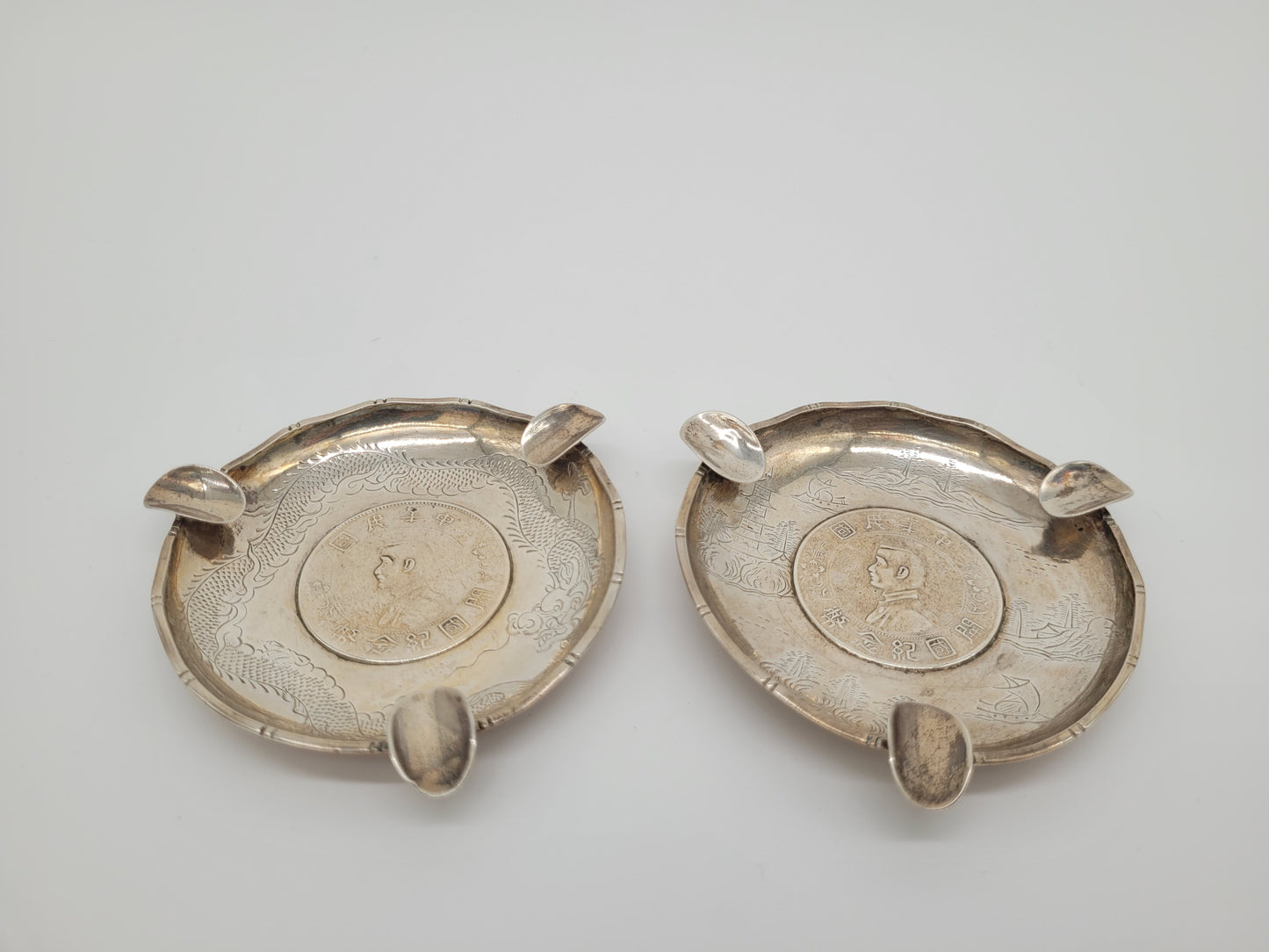 Chinesische Aschenbecher Sterling Silber 925er Drachenmotiv