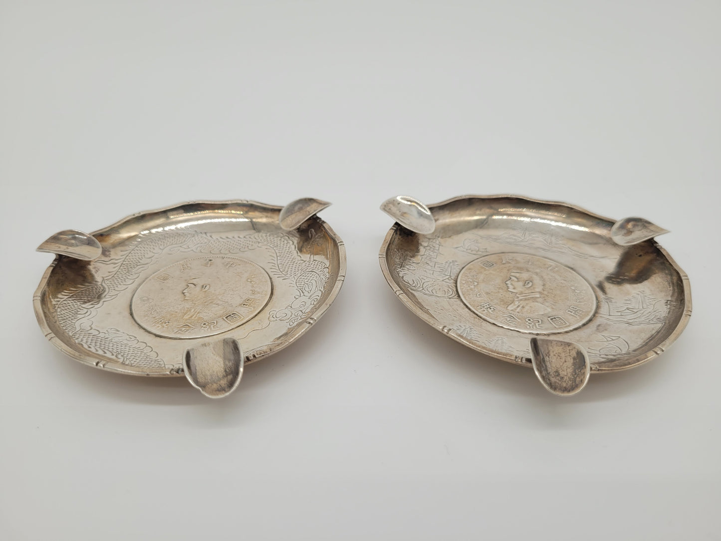 Chinesische Aschenbecher Sterling Silber 925er Drachenmotiv