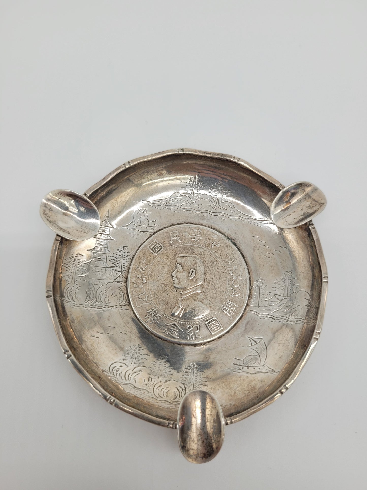 Chinesische Aschenbecher Sterling Silber 925er Drachenmotiv