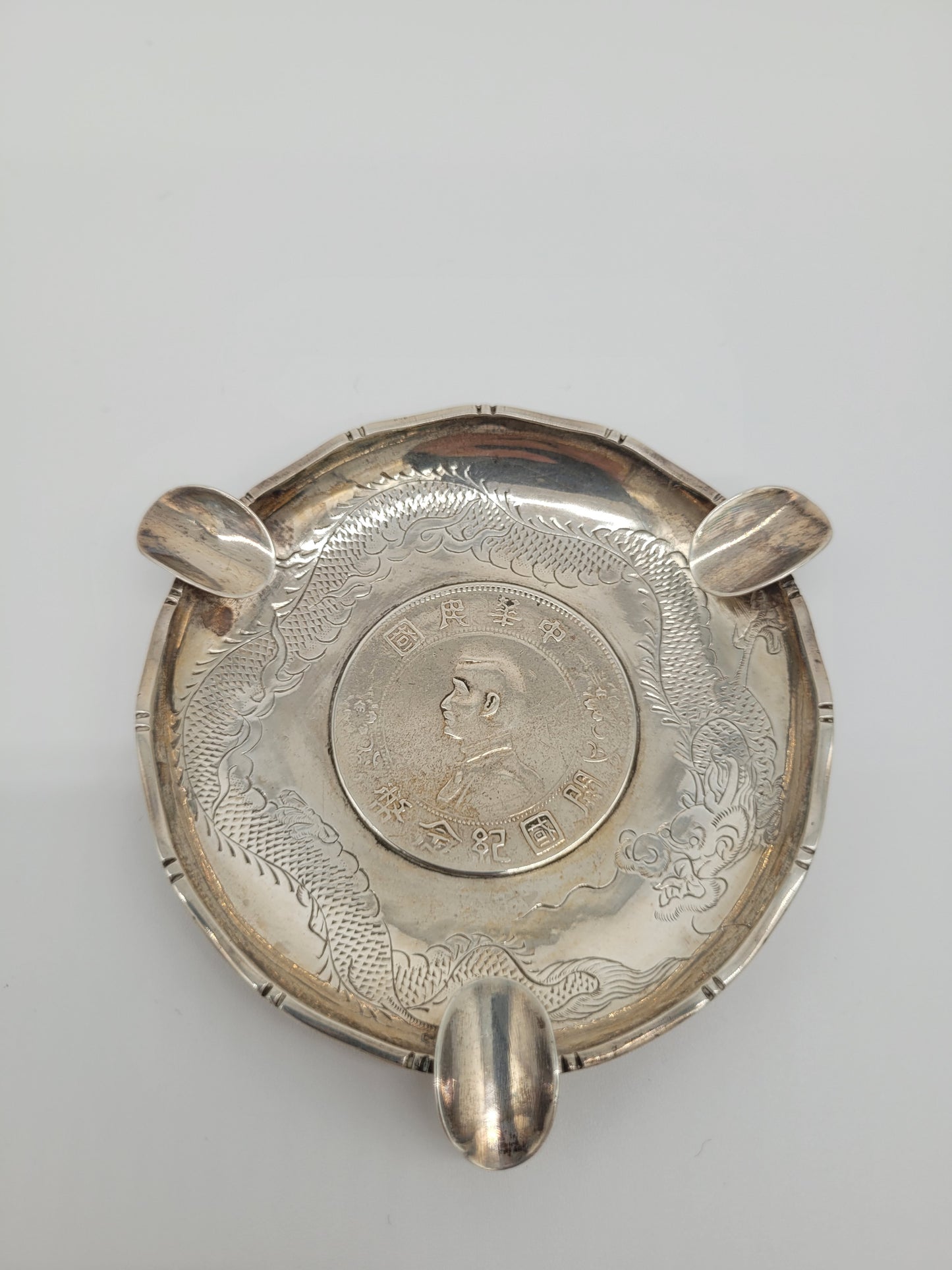 Chinesische Aschenbecher Sterling Silber 925er Drachenmotiv