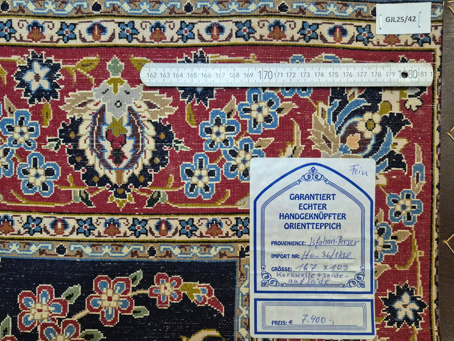 Isfahan Teppich Korkwolle mit Seide auf Seide dunkelblau rot fein