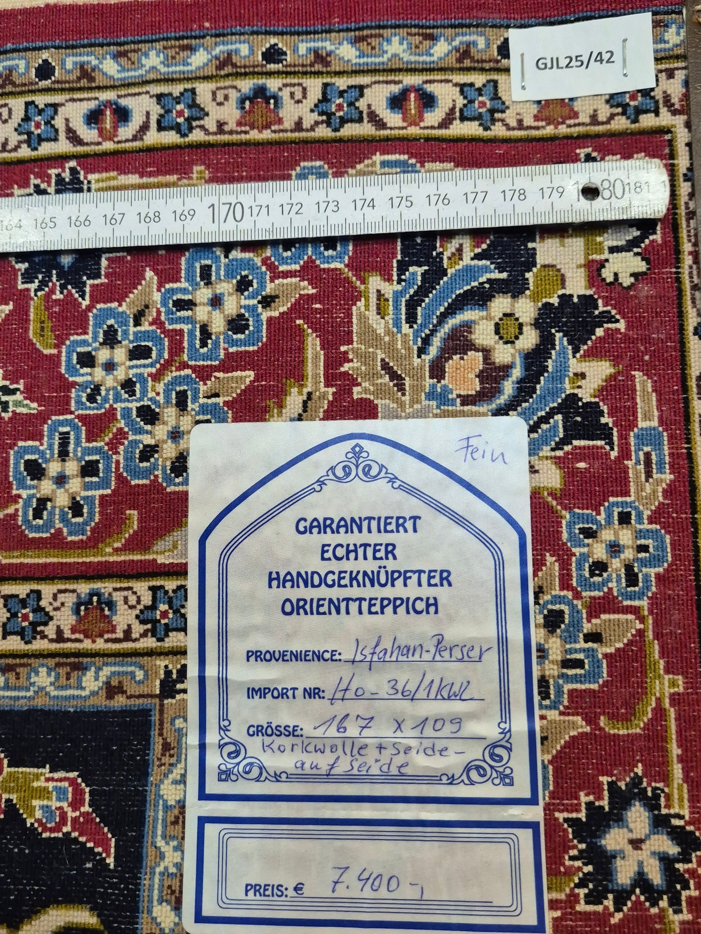 Isfahan Teppich Korkwolle mit Seide auf Seide dunkelblau rot fein