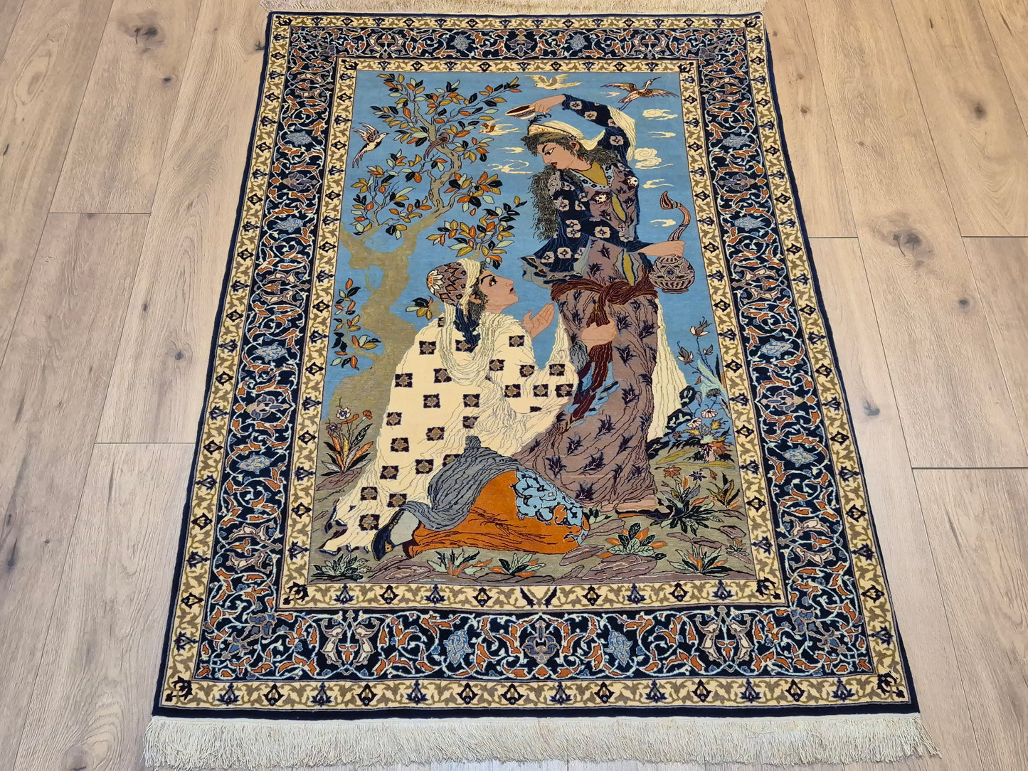 Isfahan Teppich Korkwolle mit Seide auf Seide figürlich