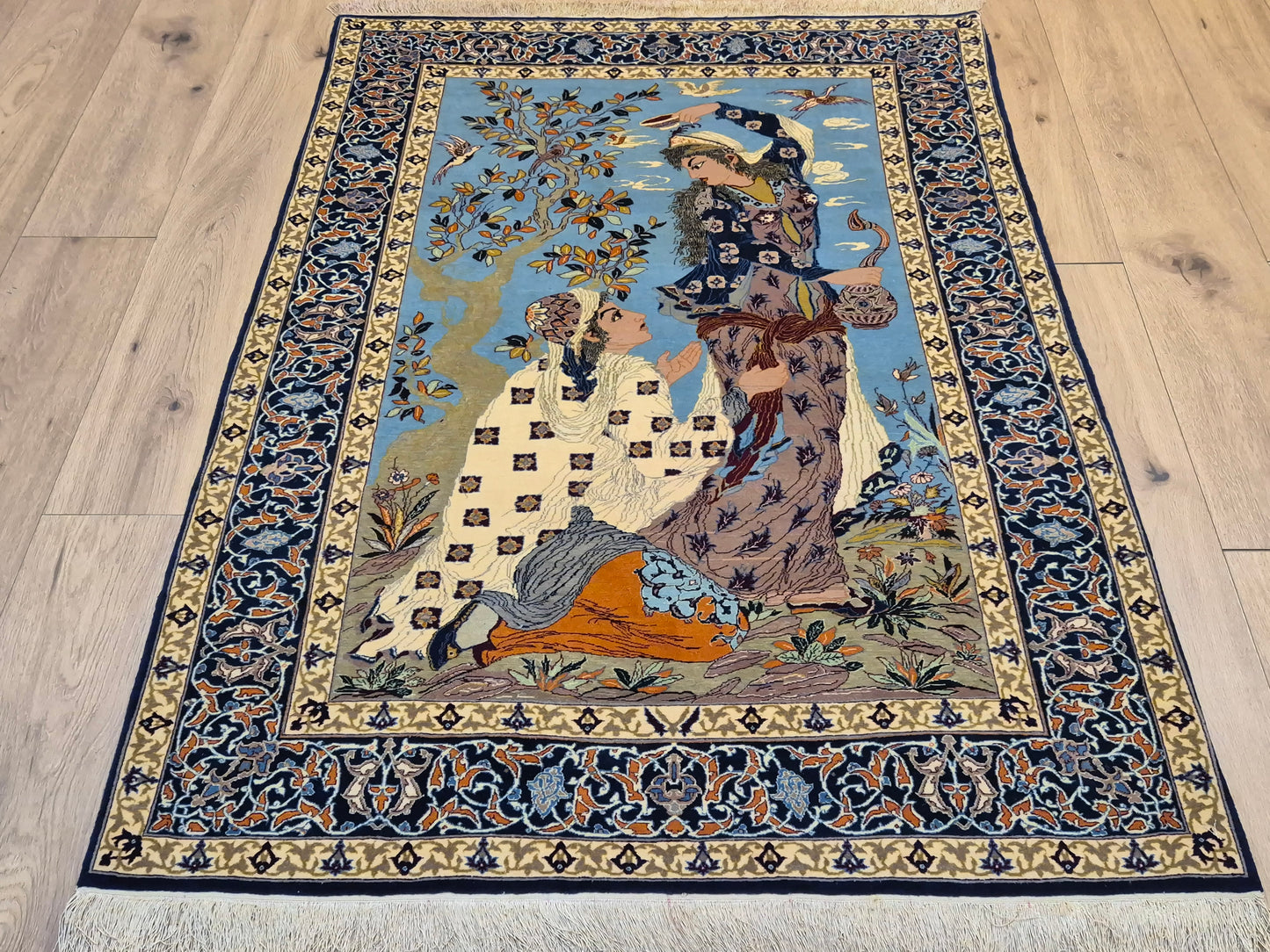 Isfahan Teppich Korkwolle mit Seide auf Seide figürlich