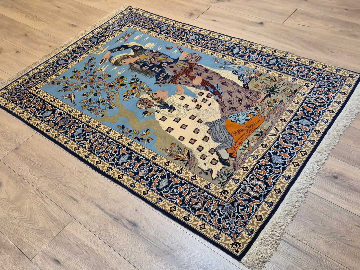 Isfahan Teppich Korkwolle mit Seide auf Seide figürlich