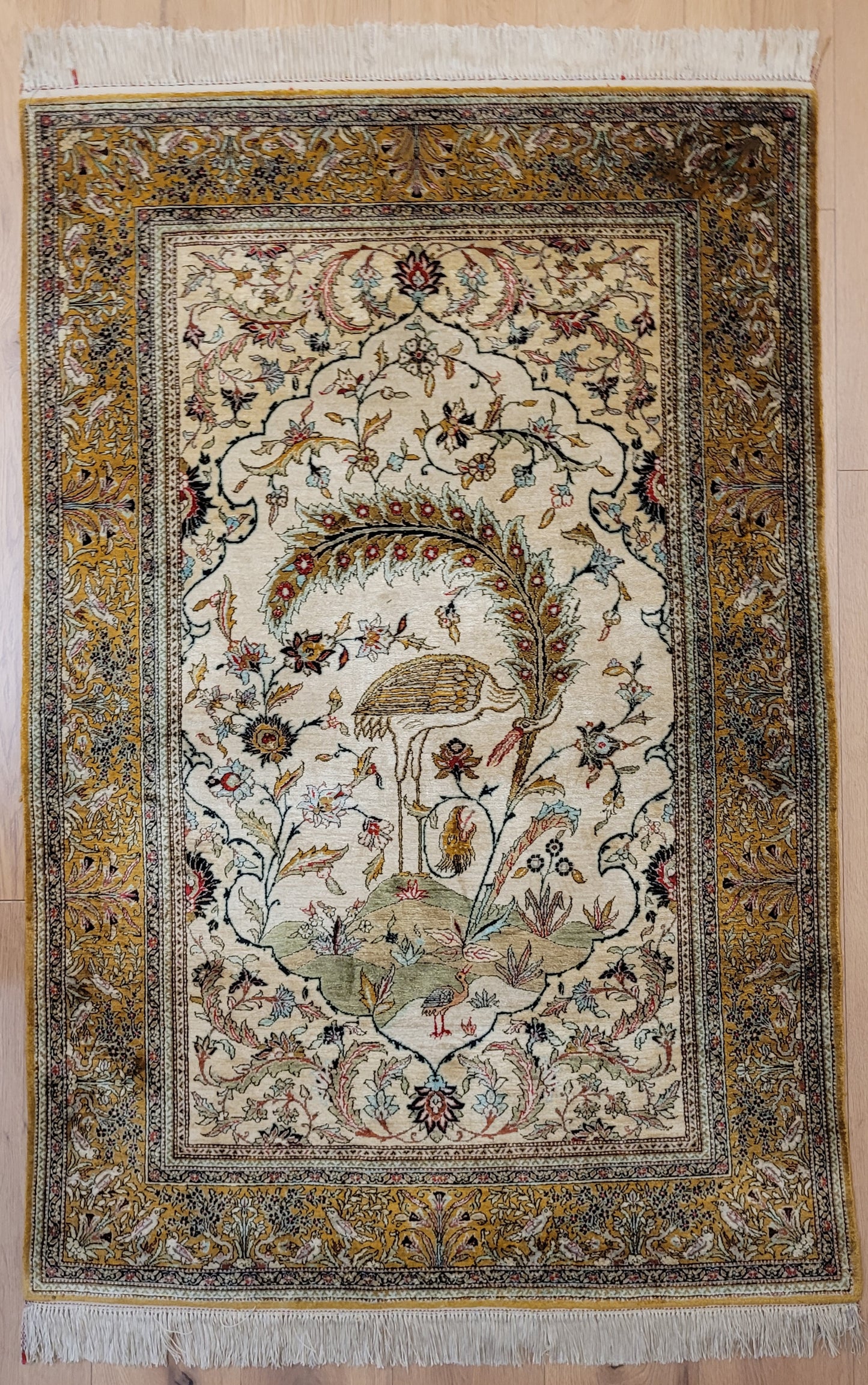 Ghom Seidenteppich Seide auf Seide Vogelmotiv feine Knüpfung