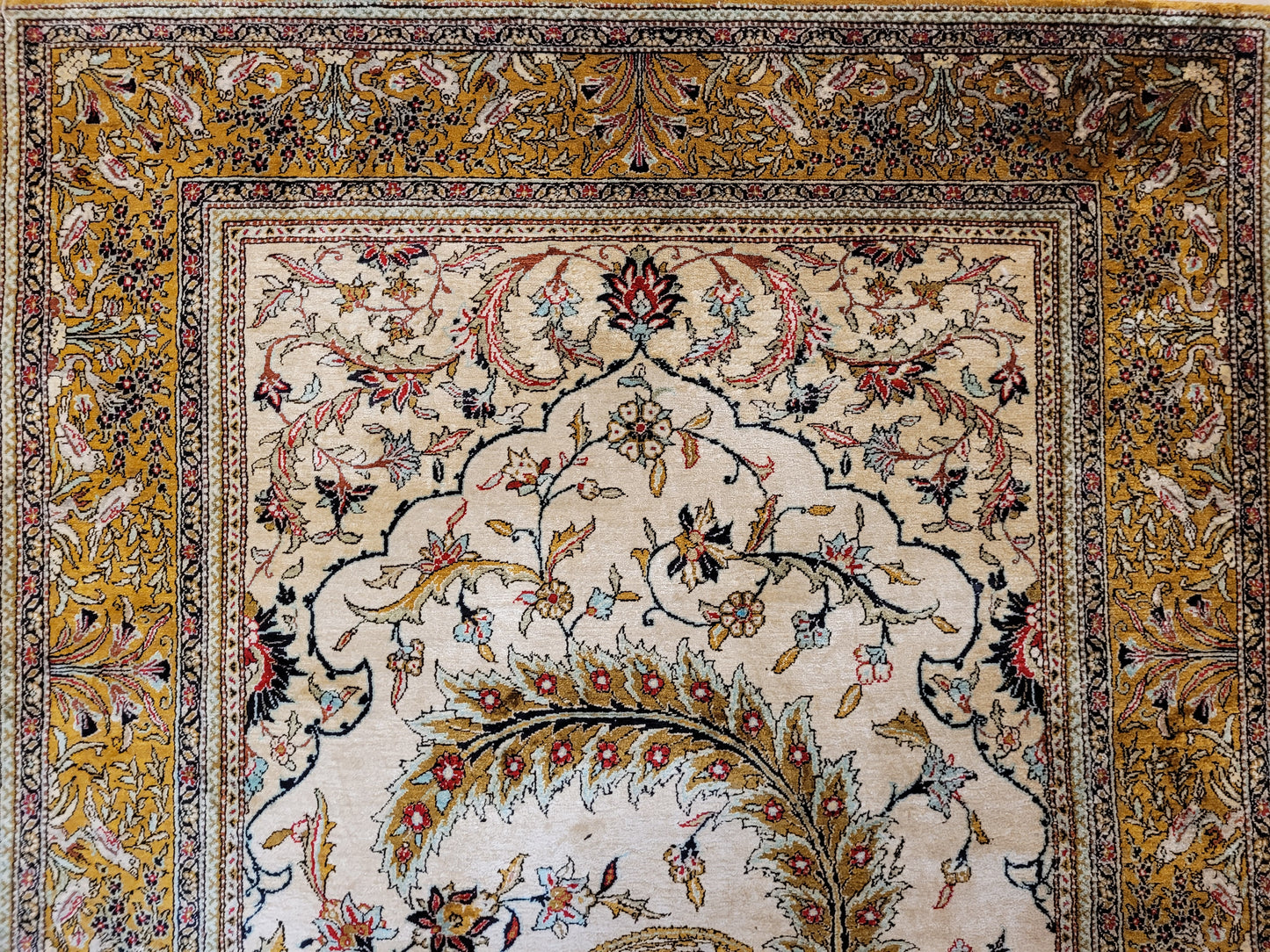 Ghom Seidenteppich Seide auf Seide Vogelmotiv feine Knüpfung