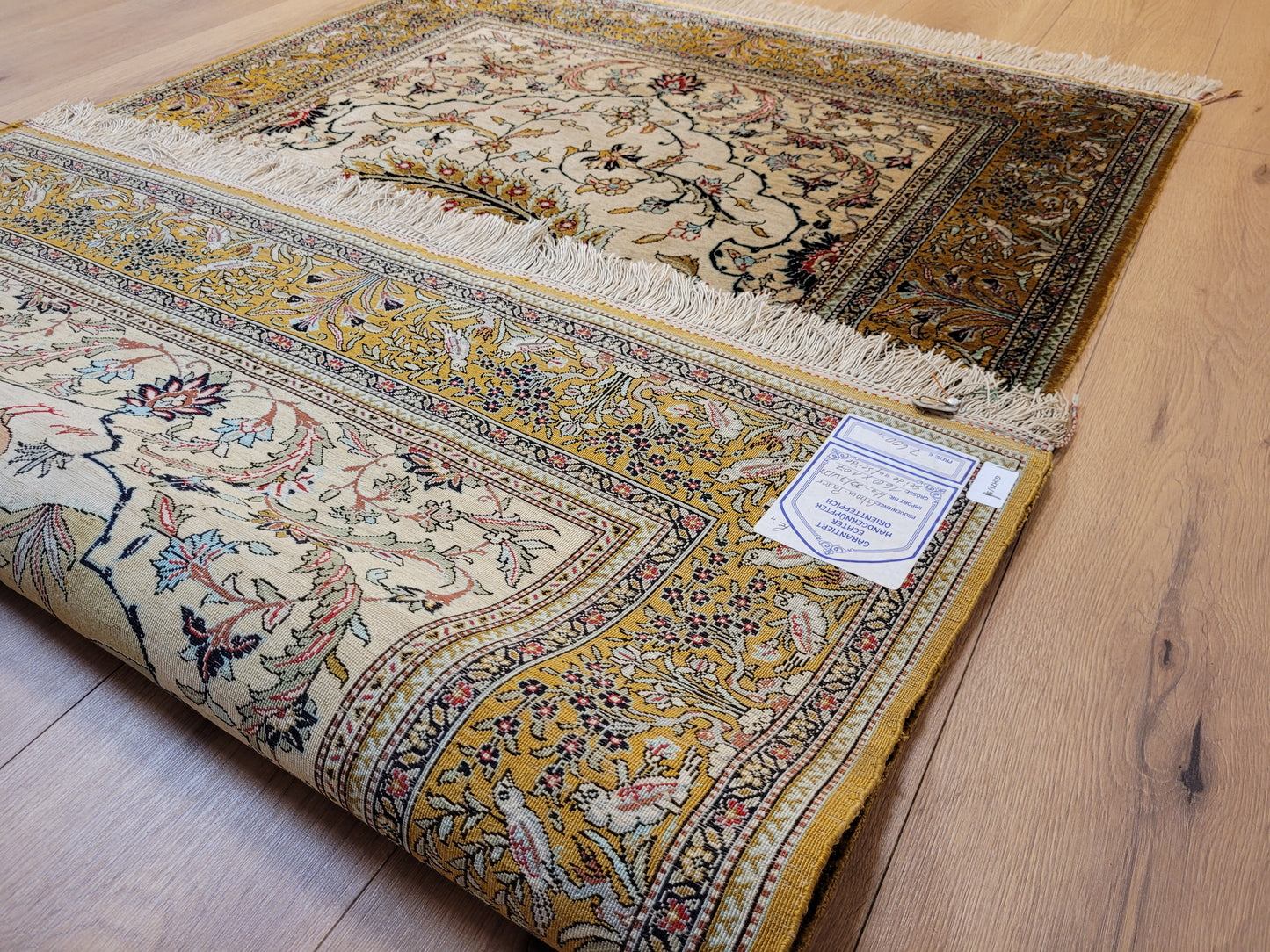 Ghom Seidenteppich Seide auf Seide Vogelmotiv feine Knüpfung