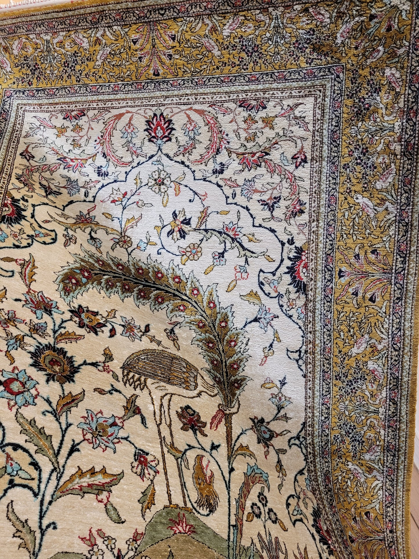 Ghom Seidenteppich Seide auf Seide Vogelmotiv feine Knüpfung