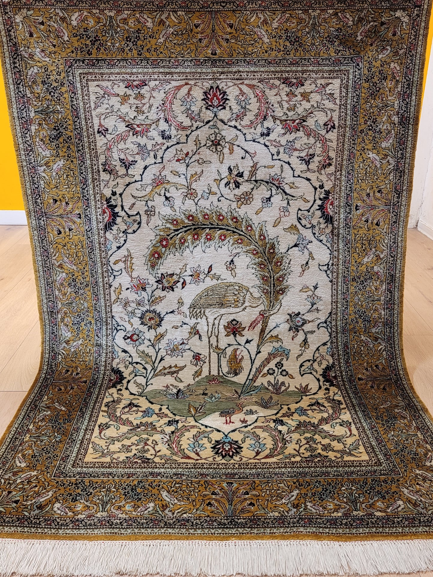 Ghom Seidenteppich Seide auf Seide Vogelmotiv feine Knüpfung