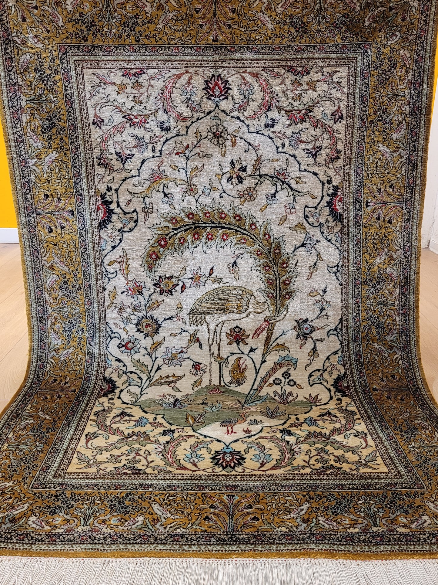 Ghom Seidenteppich Seide auf Seide Vogelmotiv feine Knüpfung