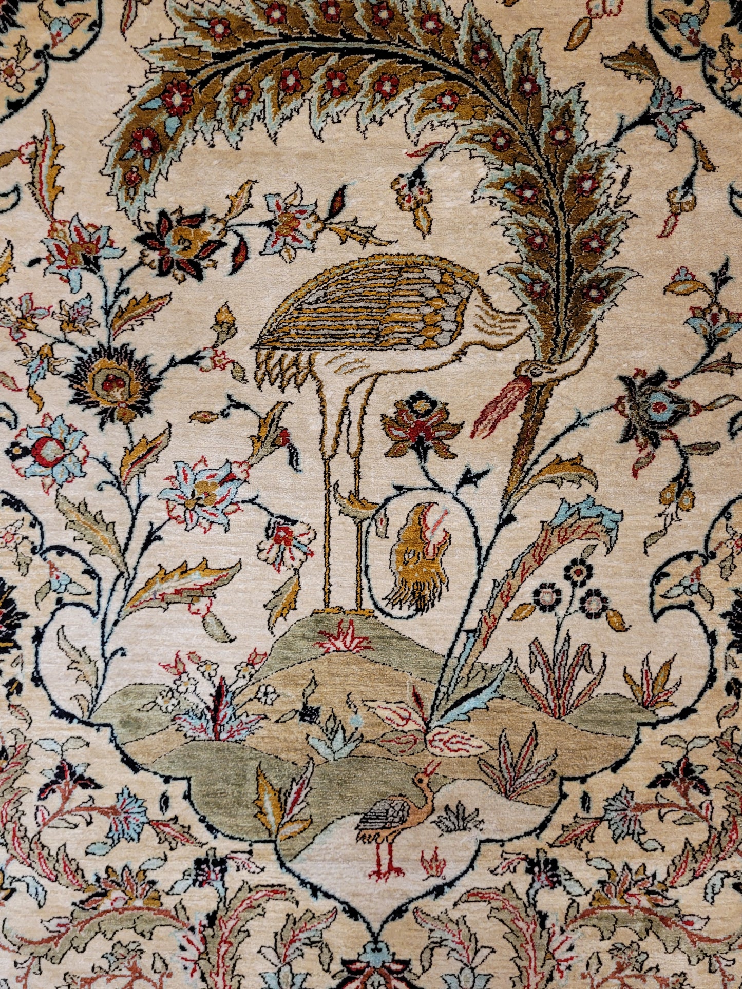 Ghom Seidenteppich Seide auf Seide Vogelmotiv feine Knüpfung