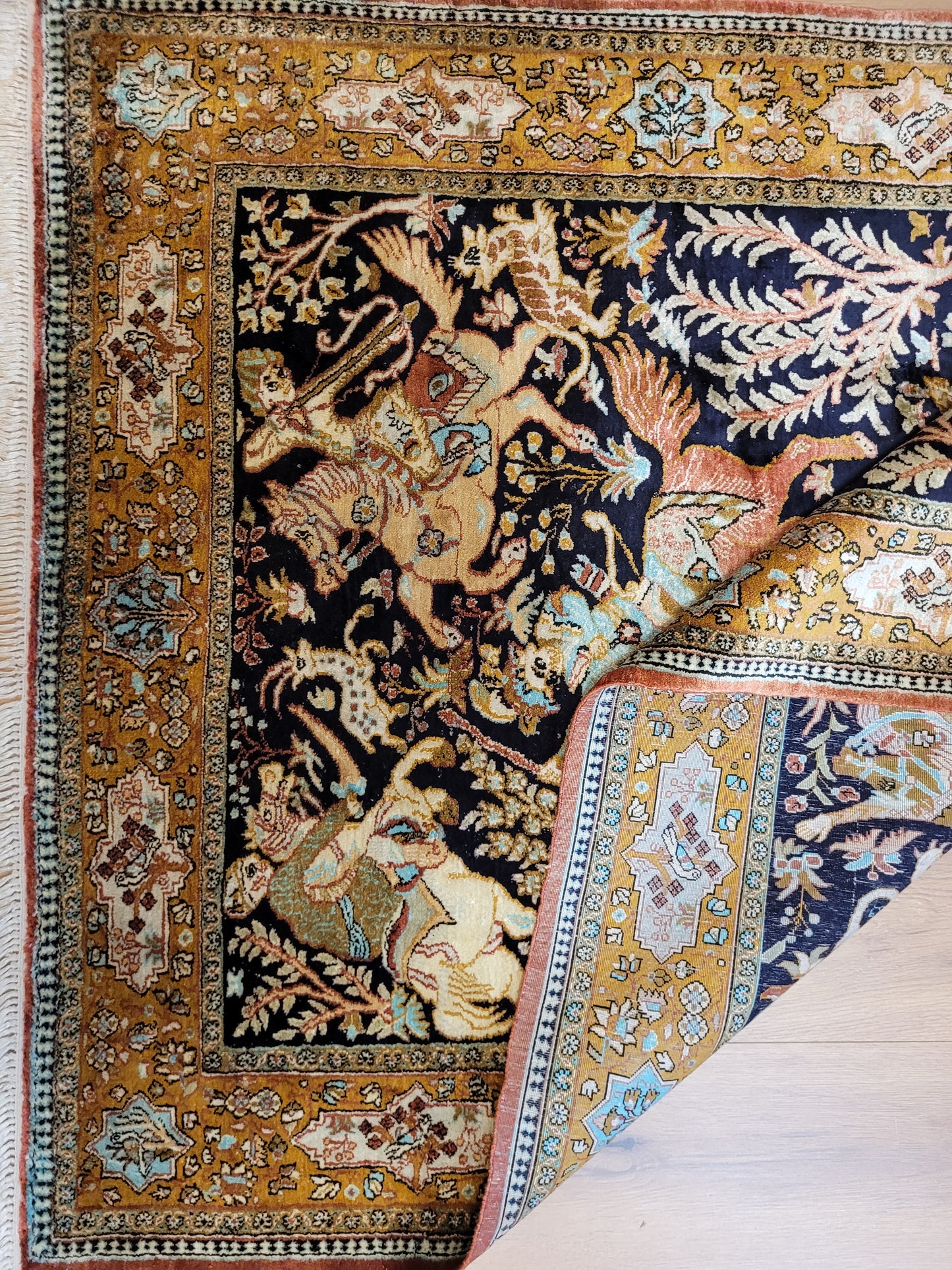 Ghom Seidenteppich Seide feine Knüpfung Jagdszene