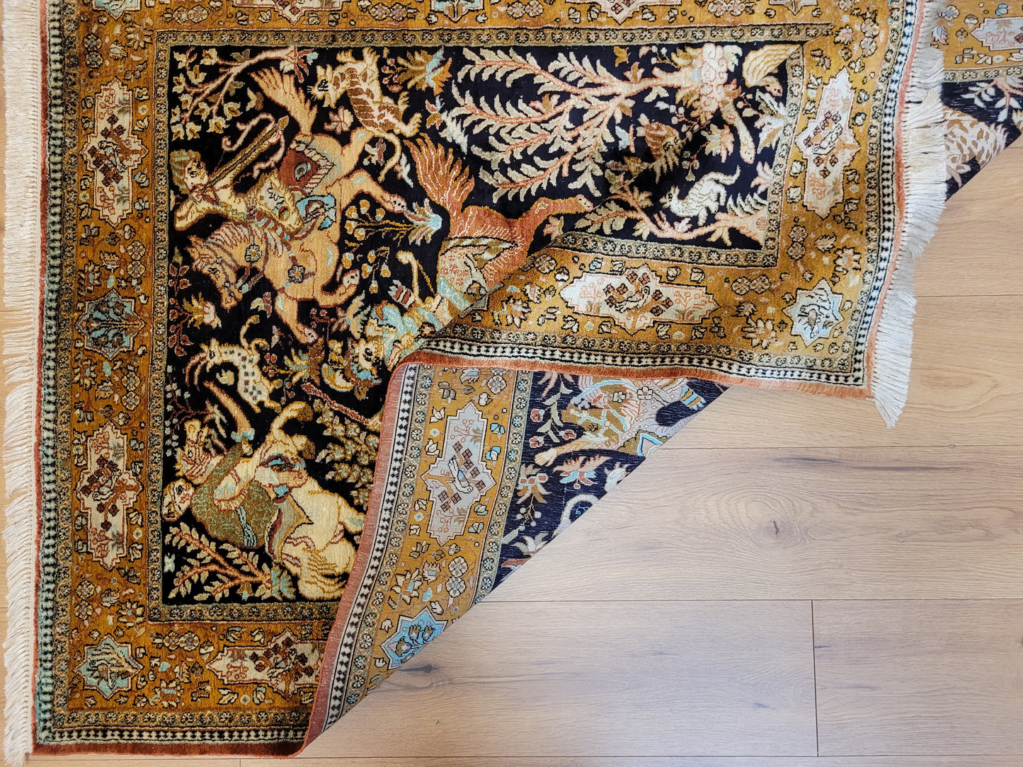 Ghom Seidenteppich Seide feine Knüpfung Jagdszene