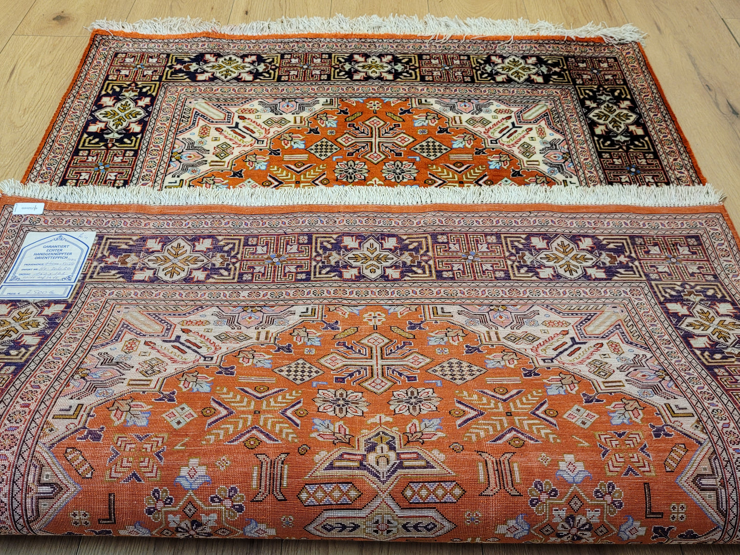 Ghom Seide auf Seide Teppich geometrisches Medaillon feine Knüpfung