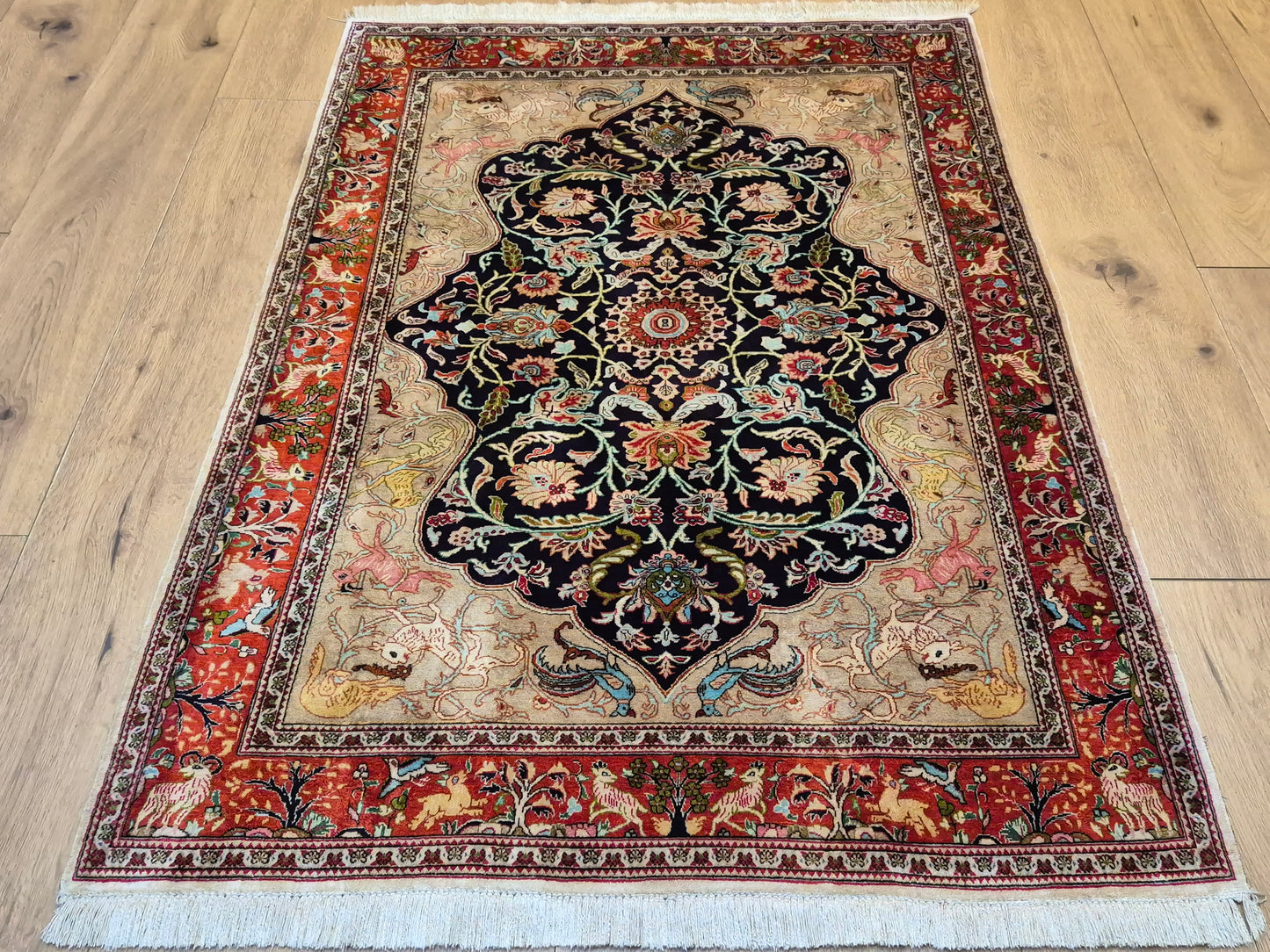 Ghom Seidenteppich auf Seide Jagdmotiv feine Knüpfung