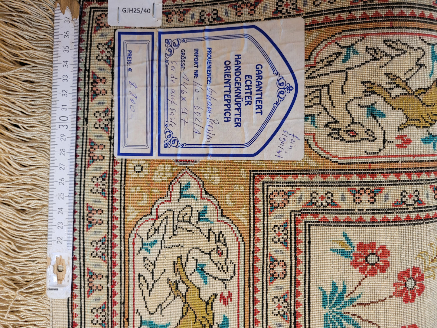 Ghom Seide auf Seide Teppich Jagdszene figürlich fein signiert