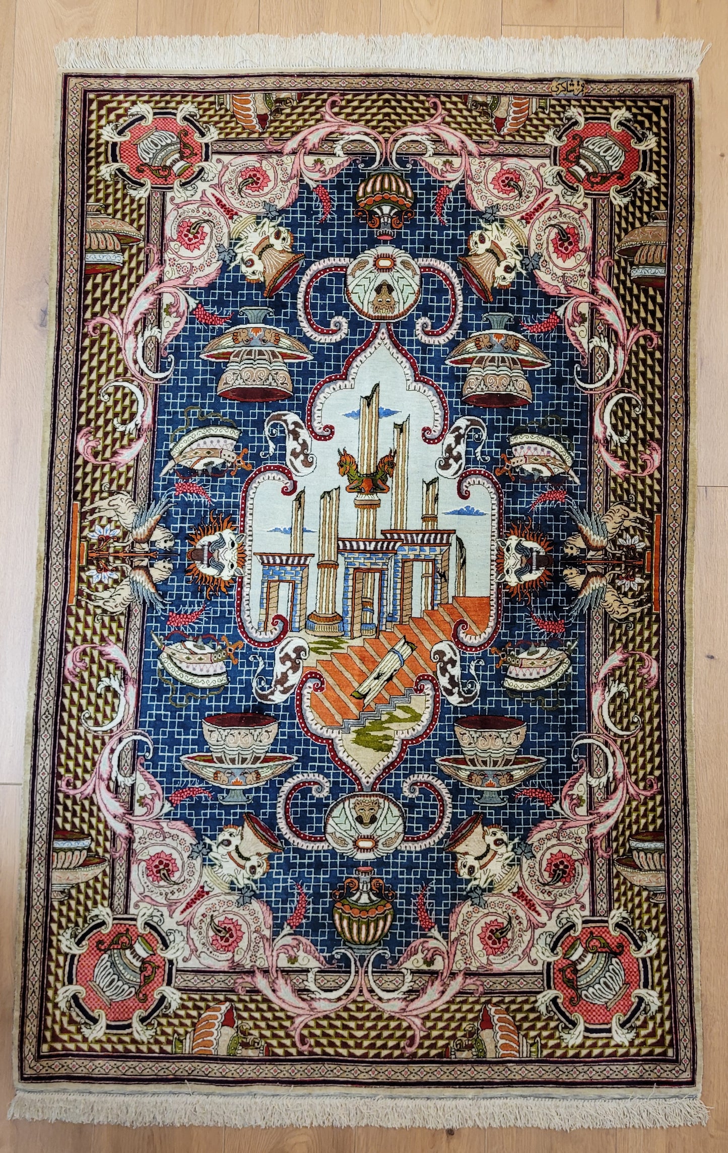 Ghom Teppich Seide auf Seide signiert figürliche Darstellung