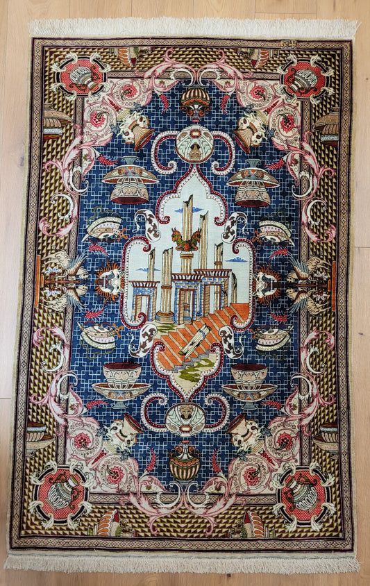 Ghom Teppich Seide auf Seide signiert figürliche Darstellung