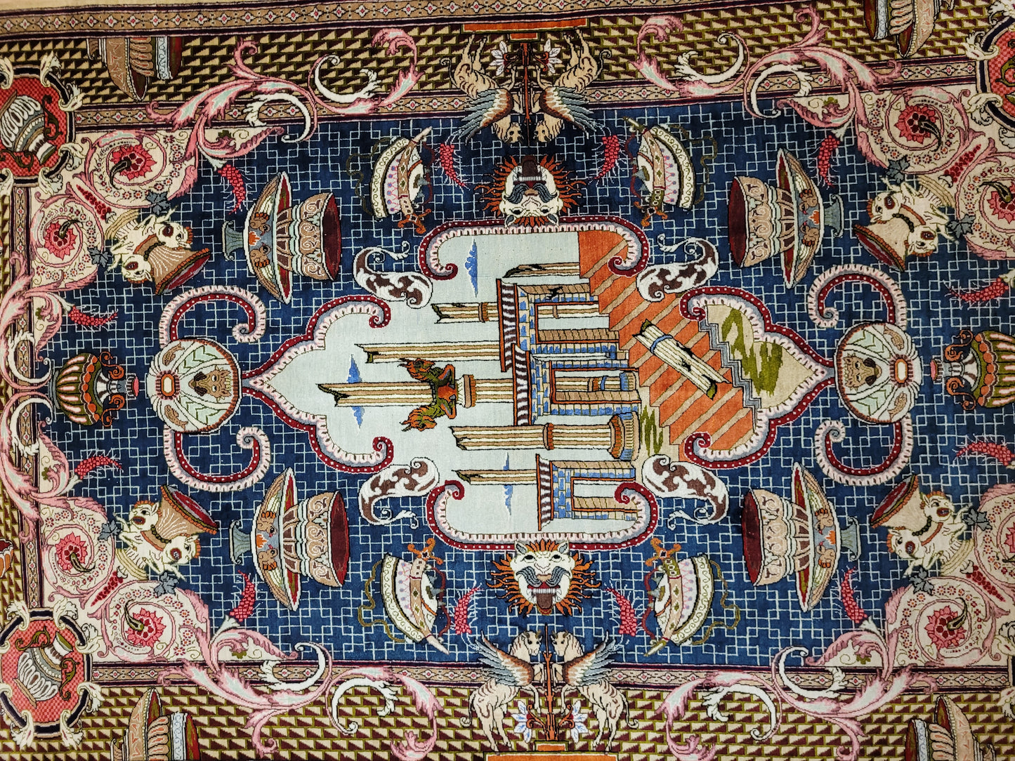 Ghom Teppich Seide auf Seide signiert figürliche Darstellung