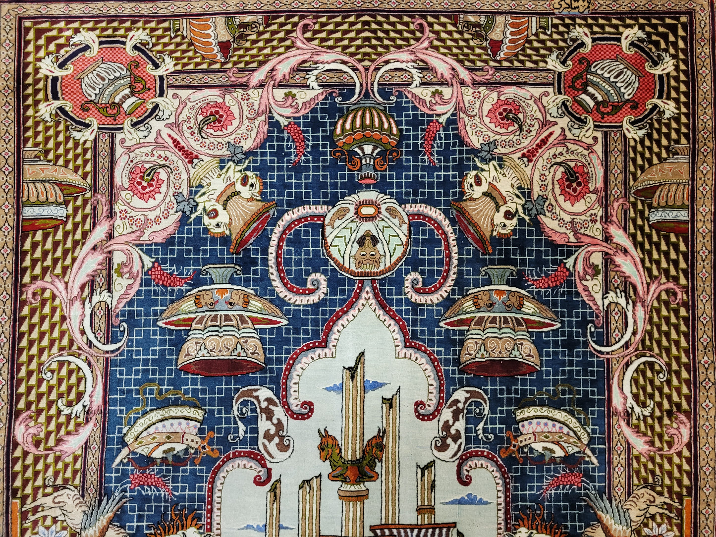 Ghom Teppich Seide auf Seide signiert figürliche Darstellung