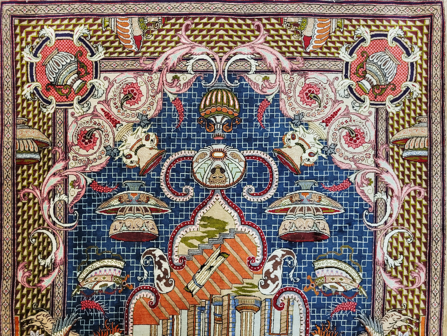 Ghom Teppich Seide auf Seide signiert figürliche Darstellung