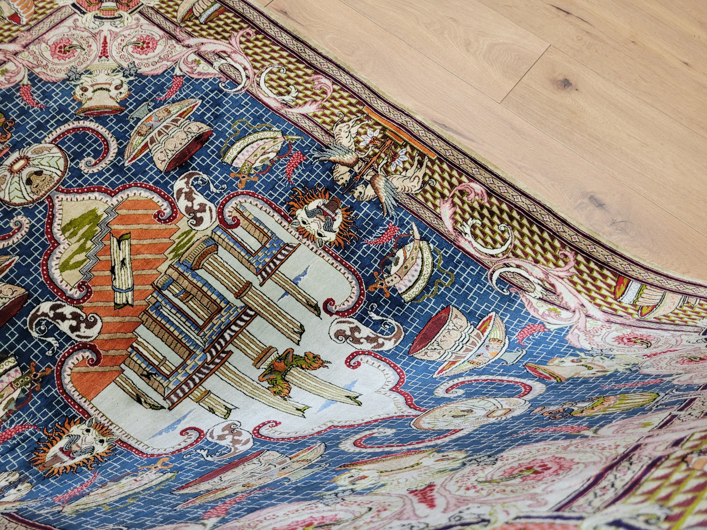 Ghom Teppich Seide auf Seide signiert figürliche Darstellung